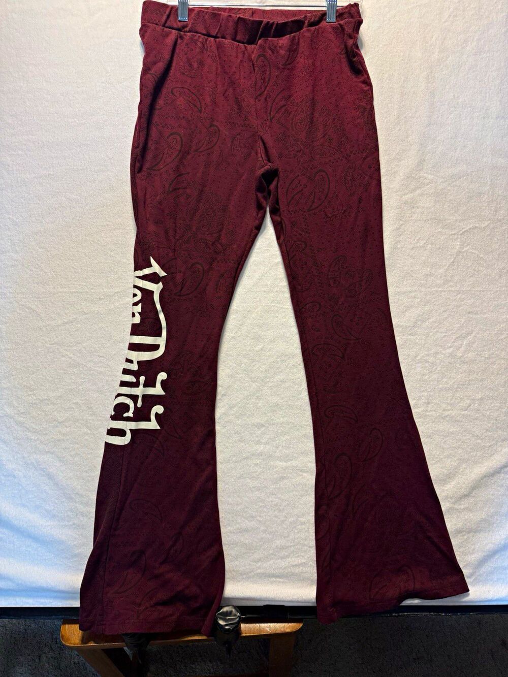 Von Dutch Women’s Burgundy Paisley Logo Leggings Pants Flared Leg Regular XL